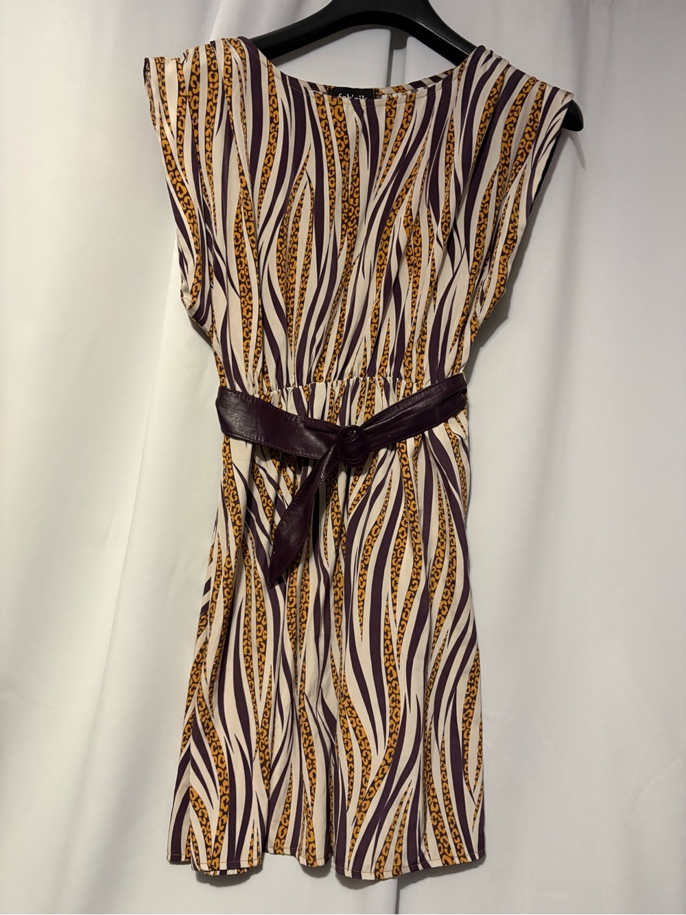 fab'rik Cream Dress with Brown and Gold Wave Print